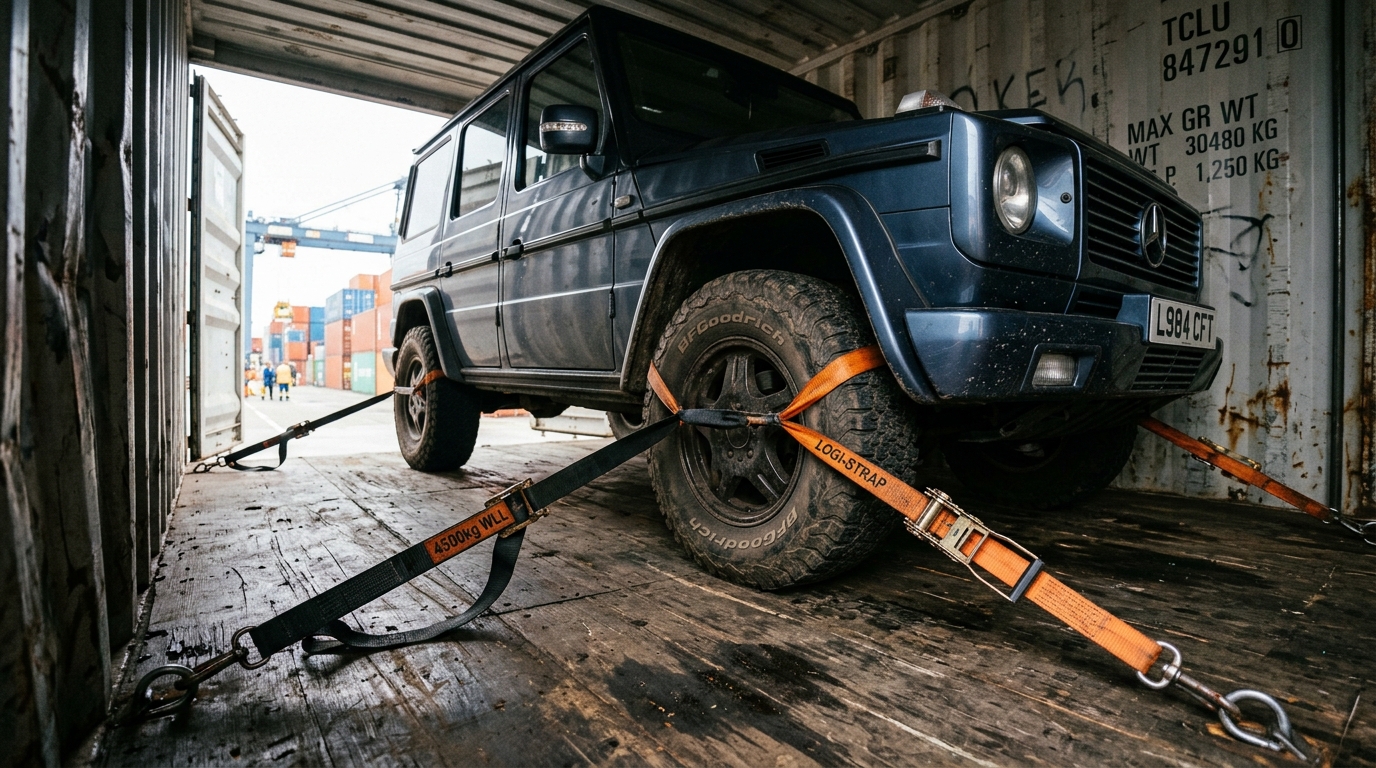 Close-up of luxury SUV securely lashed inside a 40ft shipping container in Dubai