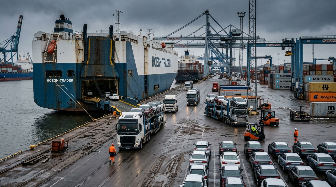Commercial RoRo ship docked at Russian marine port with car carrier trucks parked on dock